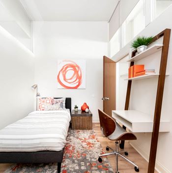 A dorm-style apartment features a private bedroom